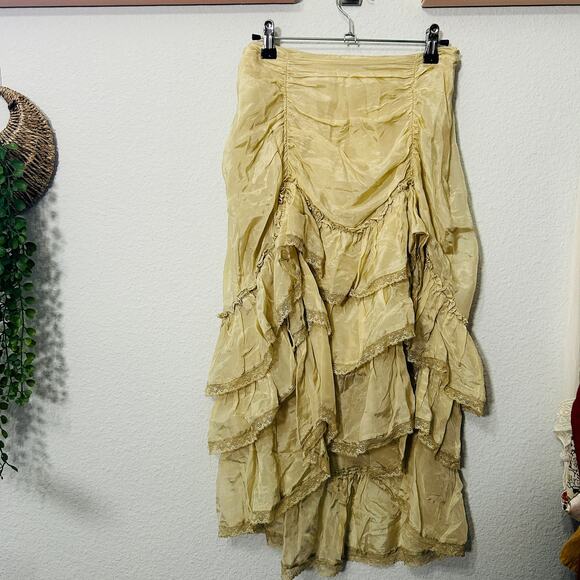 NEW Free People Calliope Ruffle Midi Skirt XS Tan Victorian Romantic Cottagecore - Picture 3 of 8